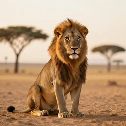 A majestic lion sitting in the African desert , sunrise , beautiful landscape, 8k, photorealistic