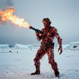 jfk body horror in the thing ( 1 9 8 2 ) directed by john carpenter, limb mutations, swollen veins, red flesh strings, antarctica, snow, flamethrower, flames, cinestill 8 0 0 t, 1 9 8 0 s movie still, film grain