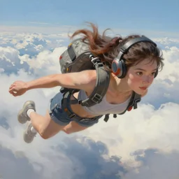 a jetpack girl flying through the clouds, beautiful close up painting by artgerm and greg rutkowski artstation