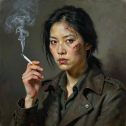 a portrait painting by cedric peyravernay of a harded asian female spy, with scars and a dirty face, smoking a cigarette as she stares menacingly