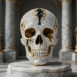 beautiful 3 d render of a skull ornamented in diamonds dripping liquid onyx by billelis + gold and marble sculpture + gold filigree + kintsugi!!!, on a marble pedestal, moody, dramatic, marble columns in background, transcendent, clean linework, finely detailed, 4 k, trending on artstation, photorealistic, volumetric lighting, octane render