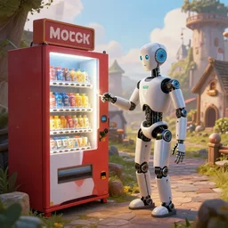 humanoid robot buying cigarettes from a vending machine in a robust fantasy village, calming, uplifting mood, ultra realistic, factory, funny, small buildings, highly detailed, epic lighting, illuminated, cinematic, morning, art by eddie mendoza and simon stalenhag