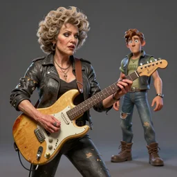 Betty White shredding on an electric guitar, painting by Frank Frazetta, 3D rendering by Beeple, crusty