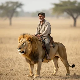 old man riding on lions back