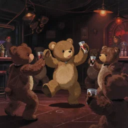 a dark noisy english night club, several teddy bear wildly dancing and drinking, dark retro lighting, darkly playful color scheme, intricate details, matte painting, illustration, by hayao miyazaki