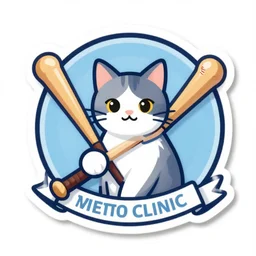 sticker of an emblem of a cat clinic with a baseball bat depicted on it