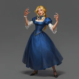 a victorian woman with nails like claws, young woman, blue dress, white sleeves, golden - blonde hair, exuberant, character art, full body art, dungeons and dragons, d & d, trending on artstation, artgerm, 4 k ultra hd, sharp focus, digital art by ilya kuvshinov and ross tran