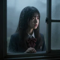 school girl looking throught a window, gloomy and foggy atmosphere, octane render, cgsociety, artstation trending, horror scene, highly detailded
