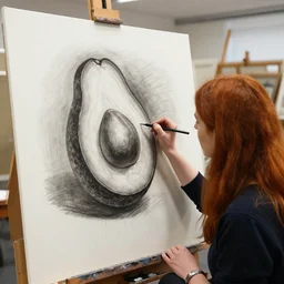 a photo of a redhead woman drawing an avocado on a big canvas using charcoal at an university art class, award winning photo