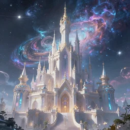 a beautiful castle outside of time and space, dreamy, ethereal, eternity, the universe, cosmic, majestic, interstellar, iridescent sky, vibrant, nebula, digital art, airbrush, intricate, epic, depth, artstation, highly detailed, octane render, 8k