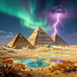 cyberpunk egyptian pyramids on danakil depression of the place with acid pools in mount roraima during autumn season on an interstellar aurora borealis with heavy thunder and lightning, pink waterfalls, by peter mohrbacher, james jean, james gilleard, greg rutkowski, vincent di fate, rule of thirds, octane render, beautiful landscape