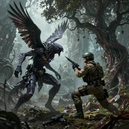 the shrike, a cruel, god like, humanoid creature vs the colonel, a pride, fearnless, tactical commando, fighting over the tree of pain in hyperion, epic sci fi battle, alien world, hyperrealist, intricate digital art, dramatic, cinematic, breathtaking, octane, unreal 5, 8 k, photoshop, ultra detailed, by dan simmons