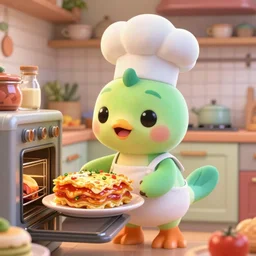 pixar 3 d style cute platypus on a kitchen wearing a chef hat and holding a lasagna into an oven, pixar style, 3 d, ratatouille style