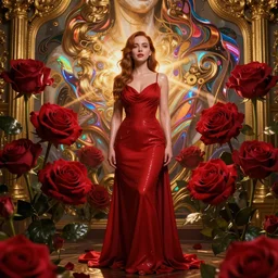 perfectly - centered!! looking at the camera!!! full body portrait of christina hendricks dressed in red dress, clothed, with roses, wet, shiny, shiny skin, bright lighting, godrays, golden, baroque style, roses, intricate abstract upper body intricate artwork, by tooth wu, wlop, beeple, dan mumford. concept art, octane render, deviantart, greg rutkowski, cinematic arthouse, key art, hyper realism, iridescent accents
