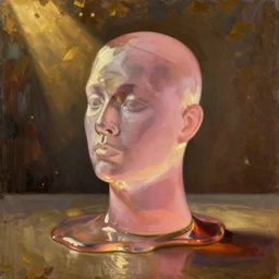 still life painting of a melting pink glass mannequin head by pieter claesz, oil on canvas, strong lighting, highly detailed, hyper realism, golden hour, god rays, hd, 4 k