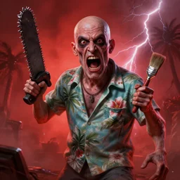 trippy!!!! nightmarish!!!! digital painting of a ( ( ( scary bald middle aged cartoon!!! expressive!!! man in a hawaiian shirt with a chainsaw and paintbrush yelling at the camera ) ) ) | intricate!!!! red foggy background with lightning, zdzislaw beksinski, cinematic, octane render, trending on artstation, deviantart, studio level quality, hyperdetailed
