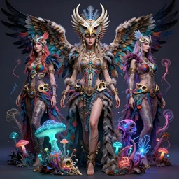3 d goddess wide angle portrait with feathers, fur, and bones. beautiful intricately detailed avante garde eagle mask and retrowave sorceress outfit. vibrant birds, bio luminescent mushrooms, mycelium, plasma, creature, artwork by tooth wu and android jones wlop and android jones and beeple and greg rutkowski