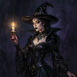 portrait of a satanic witch standing and holding a candle, intricate, elegant, glowing lights, highly detailed, digital painting, artstation, glamor pose, concept art, smooth, sharp focus, illustration, art by artgerm and greg rutkowski, artey freytag