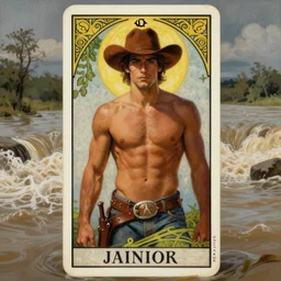 a dramatic, epic, ethereal tarot painting of a handsome! brown shirtless cowboy | background is a torrential flooding river | tarot!! card, art deco, art nouveau | by Mark Maggiori | trending on artstation