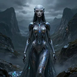 dark ethereal cybernetic alien princess in the mountains, extremely detailed, sharp focus, wide view, smooth, digital illustration, iridescent subsurface scatter by james jean, by rossdraws, frank franzzeta, sakimichan