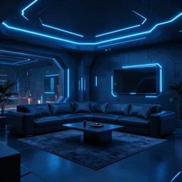 futuristic looking living room, dark with blue neon lights, contrasted, tron style, octane render