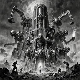 b & w inks of 1 1 horrifying machines in tiers, all mainframe and medical, filthy, putrid chrome, insane speed of excavating planet grave, by wayne d barlowe, boris vallejo, geof darrow, stefano tamburini, torch light, muted colors, epic, hyper detailed, awe inspiring, award winning horror, hyper realism, cinematic