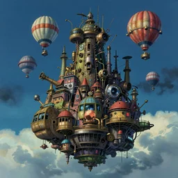a floating city in a night sky, with a steampunk aesthetic and dirigibles floating in the air. inspired by the works of Hayao Miyazaki, Laura Sighed, and Studio Ghibli. Aetherpunk, cityscape, detailed, high contrast, bright colors, inspired by Studio Ghibli, art by Laura Sighed, digital painting, 4k