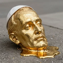 pope john paul ii, face, golden statue starting to melt, drips of molten metal ground angle, uhd 8 k, sharp focus