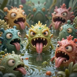 of an intricate murky pond with strange cute friendly angry evil creatures with huge eyes long tongue triangle teeth and scary face appearing from the water, in the style of craola, macro lens, shallow depth of field, highly detailed, digital painting, trending artstation, concept art, illustration, cinematic lighting, vibrant colors, photorealism, epic, octane render