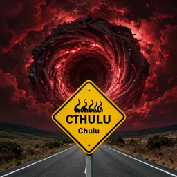 a yellow sign warning of the mighty cthulhu in front of a huge interdimensional wormhole in the dark red stormy sky, by a road