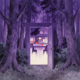 expressionist yamato-e painting in the majestic purple fantasy style of anime of a forest with an open door that is a portal to an abstract Japanese restaurant, ink on xuan paper