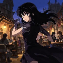 anime visual, portrait of a young female in a busy fantasy medieval tavern at dusk, face by yoh yoshinari, murata range, last exile, blue submarine no 6, dynamic pose, dynamic perspective, detailed silhouette, cel shaded anime, seven deadly sins anime
