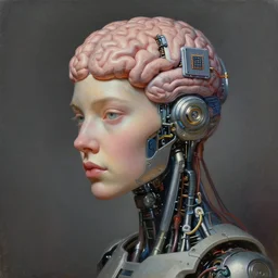 portrait of cyborg augmented human wearing an ai chip to increase brain functions, an hard disk of 2 tb to increase brain memory, visible chip and hardisk, cyberpunk, by highly detailed oil painting, soft light 4 k, cinematic composition, cinematic lighting, sharp focus, masterpiece by artgem, bernie barnes and jenny saville