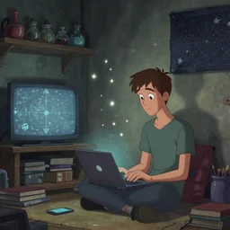 a skinny computer nerd guy sitting on the floor of his room, crossed legs, laptop, smartphone, video games, tv, books, potions, jars, shelves, knick knacks, tranquil, star charts, calm, sparkles in the air, magic aesthetic, fantasy aesthetic, faded effect, by dreamworks animation studio