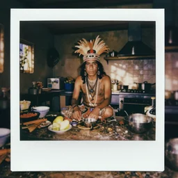polaroid of mayan shaman in the messy kitchen. creepy atmosphere, liminal space.
