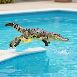 a crocodile wearing speedos is jumping in a swimming pool