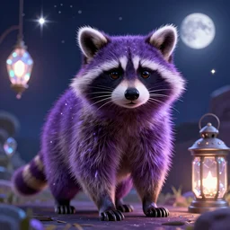 purple stelar raccoon, fantasy tea dark and colorful, bright sparkling lights realistic night sky, stars, moon, bright crystal lanterns 3d, depth details In the art style of Victor Nizovtsev