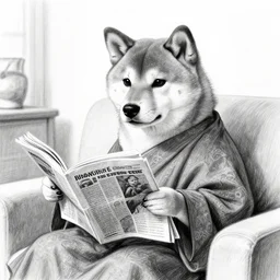 black and white skech portrait from shiba inu monk sits in a living room while he reads the newspaper, pencil sketch