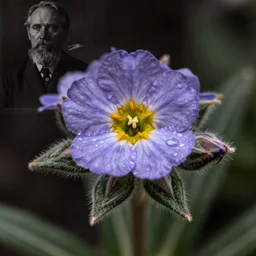 close up photography of edelweiss flower, 1. 2 f, 3 5 mm, dark, old farmer face appearing, 1 9 2 0 s ghost photography