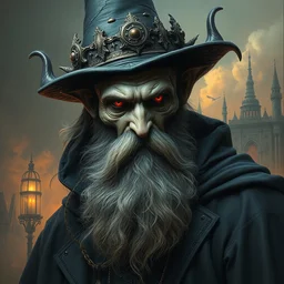 portrait of a evil wizard, hyper detailed masterpiece, dystopian background, jean giraud, digital art painting, darkwave goth aesthetic, gothic, artgerm, donato giancola and tom bagshaw