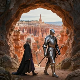 dslr photograph of a knight in a medieval suit of armor walking next to an elf wizard, both walking through a surrealist dimensional gateway that leads into a terrifying surrealist bryce 3 d landscape imaged by larry elmore kerlaft, photo realistic