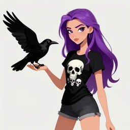 skinny girl with long purple hair wearing a black t - shirt with skulls whilst standing next to a crow, ull color digital illustration in the style of don bluth, artgerm, artstation trending, 4 k