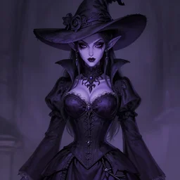 body portrait of gorgeous necromancer, elf, female, purple skin, black pupils, evil, victorian dress, corset, hat, gloomy, high fantasy, dnd, highly detailed, smooth, sharp focus, illustration, by sakimichan, wlop, frank franzzeta