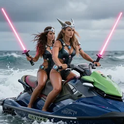 viking women riding jet skis!!, wearing a skin - tight futuristic valkerie bikinis, holding laser swords, rough seas in background, hyper - realistic, highly detailed, accurate, 8 k octane render