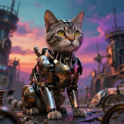 a cyborg cat of the apocalypse, part mechanical cat, steampunk. fantasy, very colourful hdr cinematic lighting very detailed