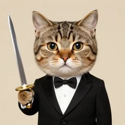 simple clear face head eyes fuzzy ears kitty cat tabby costumed international spy 007 goldfinger james bond wearing a tuxedo brandishing a sword jordan grimmer maxfield parrish tom bagshaw Anato Finnstark Ismail Inceoglu 4k artstation