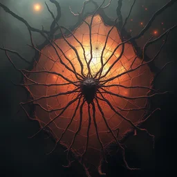 a terrifying artwork of a galactic cobweb, intricate structure, intertwined webs, darkness, satanic fractals, hazy, volumetric lighting, very detailed, horror, washed out colors, photorealistic, master level composition, raytracing