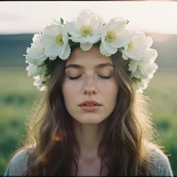 An analog frontal face portrait photography of a woman wearing an big white flowers crown by Flora Borsi. Long soft hair. eyes closed. Kodak Color Plus 800 film. Icelandic mood. detailed. hq. realistic. warm light. muted colors. lens flare. Glare and bloom. photoreal. Medium format photography. Rembrandt light mood. Golden hour. Leica M9.