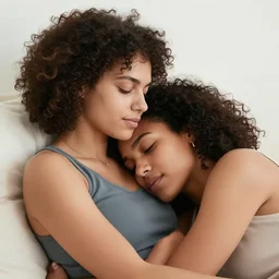 portrait of a mixed race lesbian couple deeply in love cuddling on the sofe, very romantic, highly detailed, smooth, stylized, medium shot, vector line art, clean cel shaded vector art, by ilya kuvshinov, ross tron, lois van baarle, artgerm, rossdraws