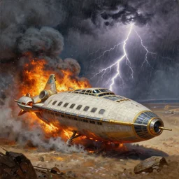 a egyptian spaceship, stuck in the ground, the spaceship is on fire, smoke, rainstorm, lightning, angry, kinetic, john sargent, adolphe bouguereaum, norman rockwell, trending on artstation, highly detailed oil painting,